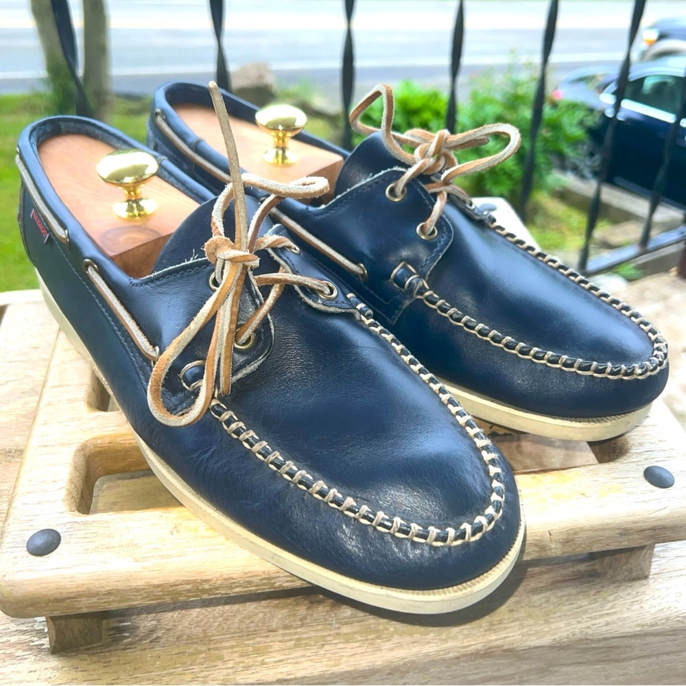 Sebago Blue and Cream Boat Shoes with Leather Laces